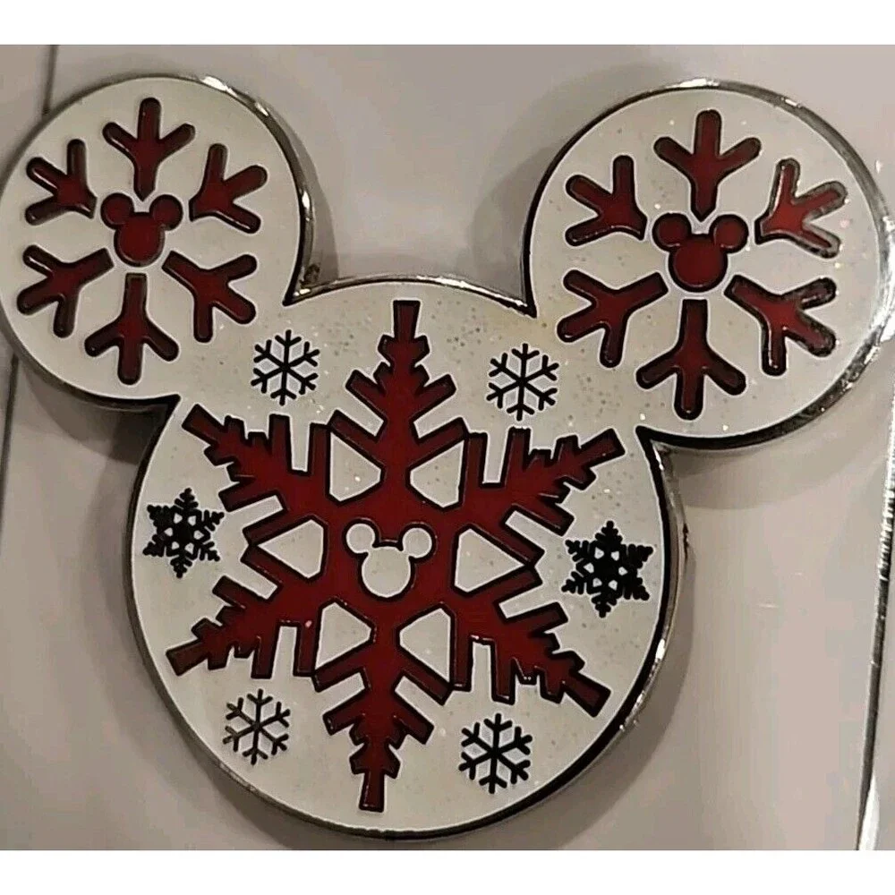 Disney Pin Mickey Mouse Head Icon Snowflakes White Glitter Holiday 118465‎